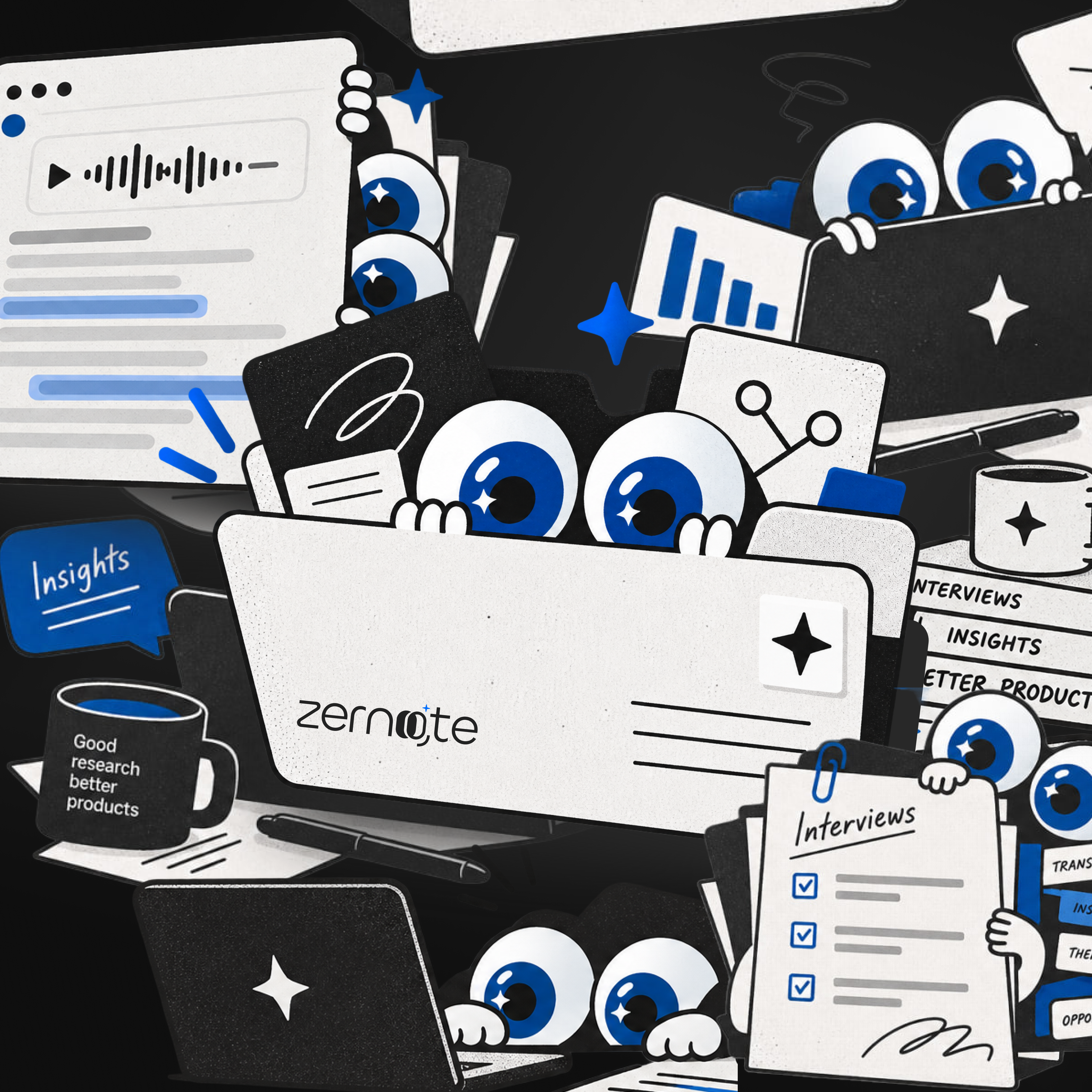 Zernote research collage with interview notes, insights, analytics and connected evidence